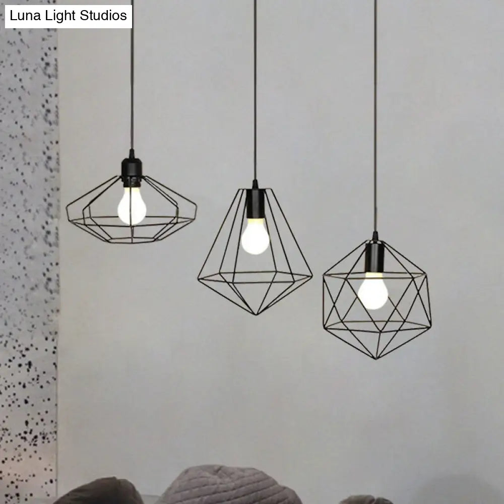 Farmhouse Iron Wire Cage Ceiling Pendant Light Fixture With 3 Lights And Black Shades