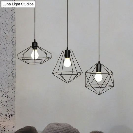 Farmhouse Iron Wire Cage Ceiling Pendant Light Fixture With 3 Lights And Black Shades