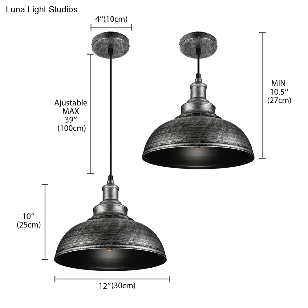 Farmhouse Antique Silver Pendant Lamp With Adjustable Cord - Iron Domed Restaurant Lighting