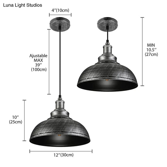 Farmhouse Antique Silver Pendant Lamp With Adjustable Cord - Iron Domed Restaurant Lighting