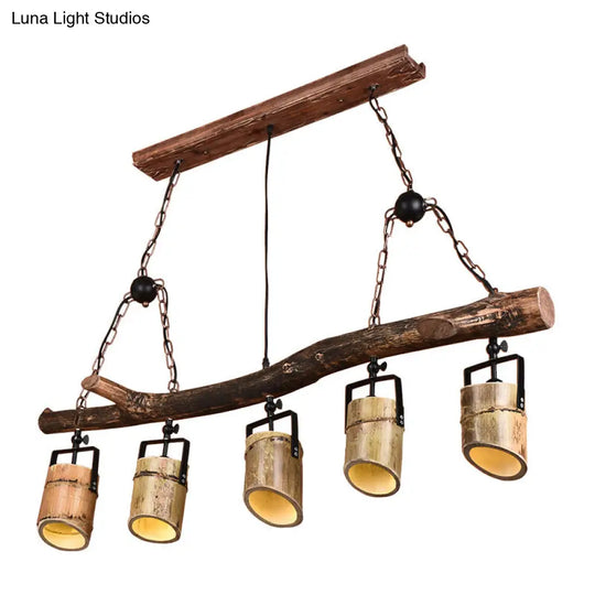 Farmhouse Bamboo Pendant Light- Wood Linear Island Lamp With 5 Lights Ideal For Restaurants