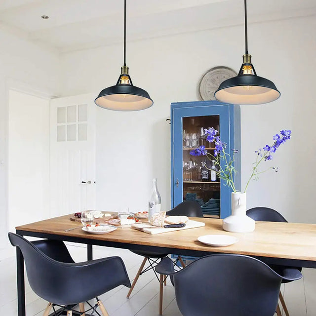 Farmhouse Barn Shade Pendant Lamp - Black Metallic Suspension Light For Dining Room