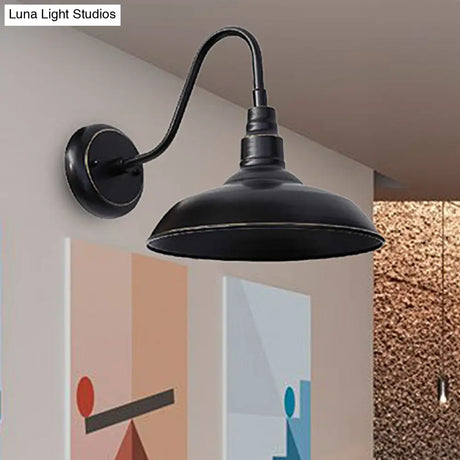 Farmhouse Barn Wall Sconce Lamp With Gooseneck Arm - Outdoor Metal Lighting (Black)