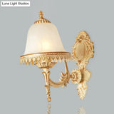 Farmhouse Beige Bell Wall Lamp With Opal Glass And Carved Trim - Perfect Bedroom Sconce