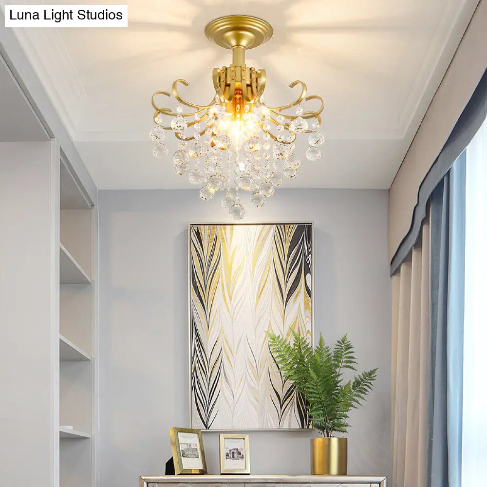 Farmhouse Bent Arm Frame Ceiling Light With Crystal Droplet - 3-Light Metal Semi Flush Mount