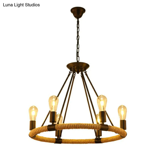 Farmhouse Black Circular Manila Rope Chandelier Pendant Light For Restaurant Ceiling