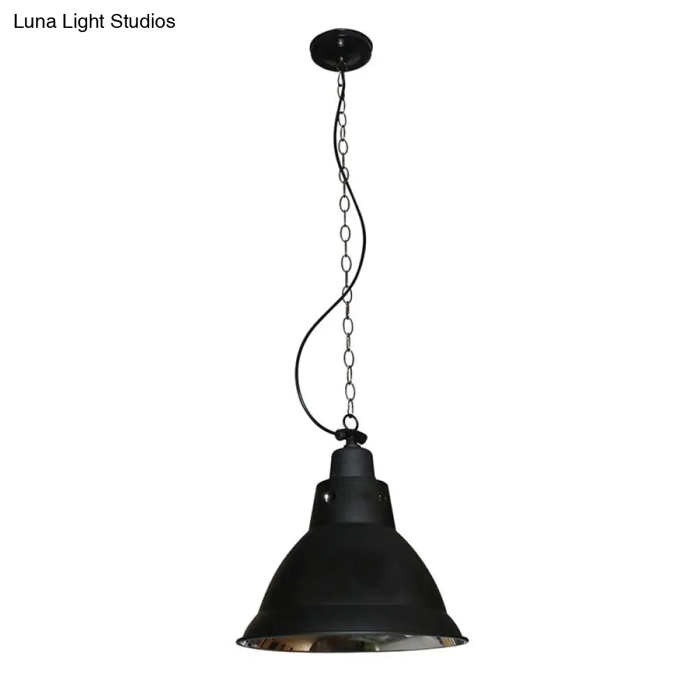 Farmhouse Black Metal Dome Pendant Light With Chain For Stairway 12 Width