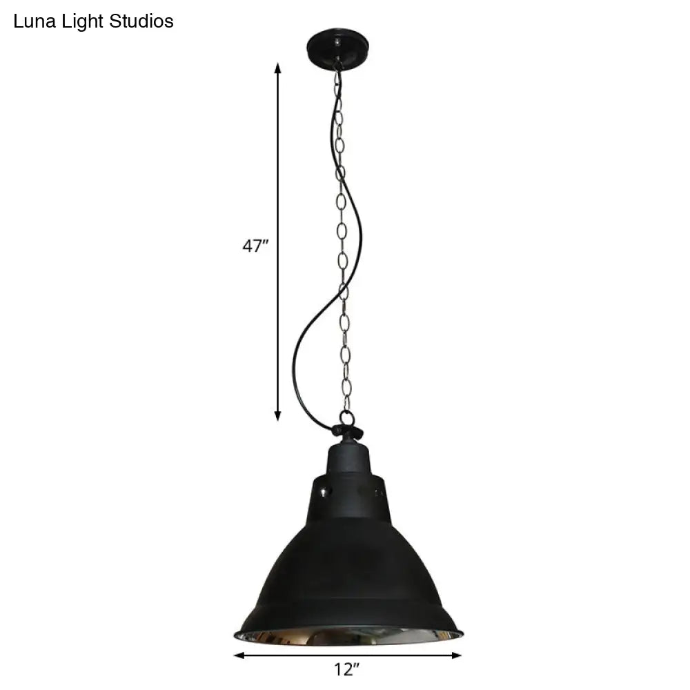 Farmhouse Black Metal Dome Pendant Light With Chain For Stairway 12 Width