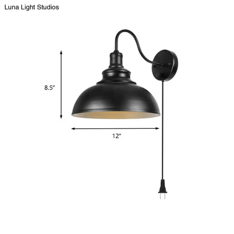Farmhouse Black Metal Dome Sconce Light - Bedroom Wall Lamp With Plug-In Cord