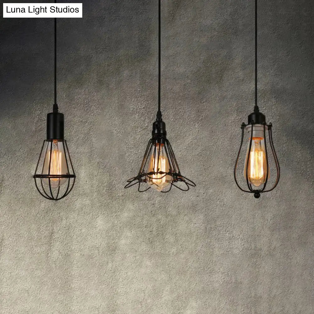 Farmhouse Black Metallic Mini Pendant Lamp With 3-Light Cage Design Perfect For Drop Ceilings