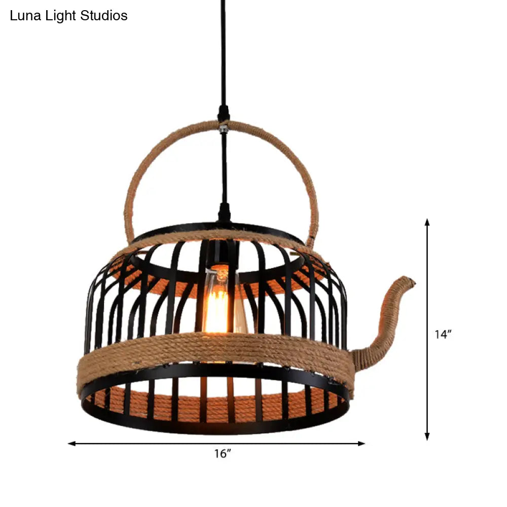 Black Teapot Pendant Light - Farmhouse Style Hanging Lamp For Dining Room