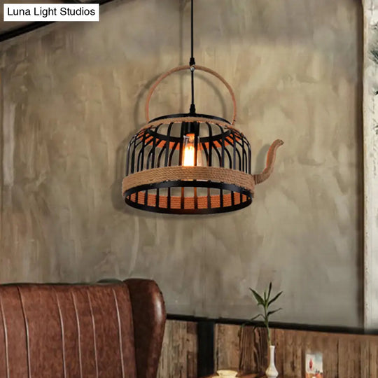Black Teapot Pendant Light - Farmhouse Style Hanging Lamp For Dining Room