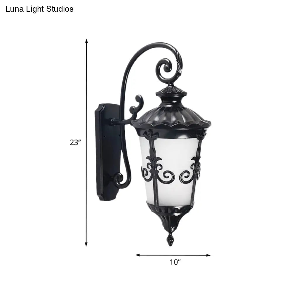 Farmhouse Black Wall Mounted Lamp With White Frosted Glass Urn Sconce - 1 Light Balcony