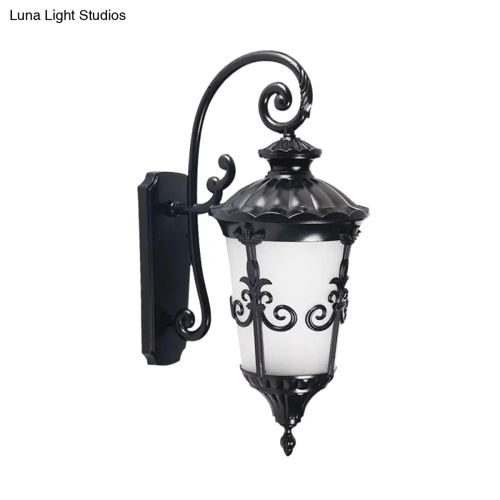 Farmhouse Black Wall Mounted Lamp With White Frosted Glass Urn Sconce - 1 Light Balcony