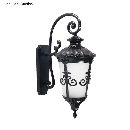 Farmhouse Black Wall Mounted Lamp With White Frosted Glass Urn Sconce - 1 Light Balcony