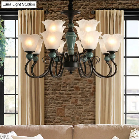 Farmhouse Blossom Up Chandelier - 3/8/12 Frosted Ribbed Glass Ceiling Hang Lights In Blackish Green