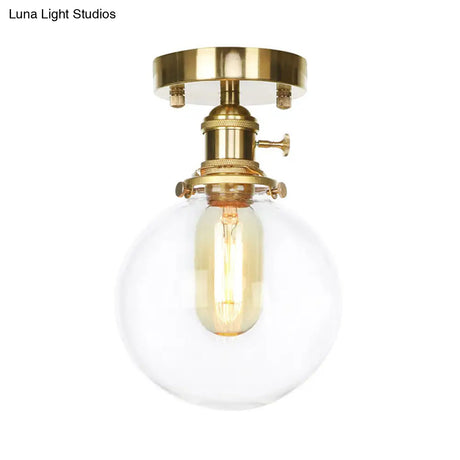 Farmhouse Brass Ceiling Light With Clear/Amber Glass Globe - Semi Flush Mount For Dining Room