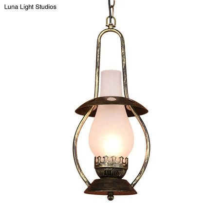 Farmhouse Brass Pendant Ceiling Light With Milk Glass - Rustic Kerosene Lighting Fixture For