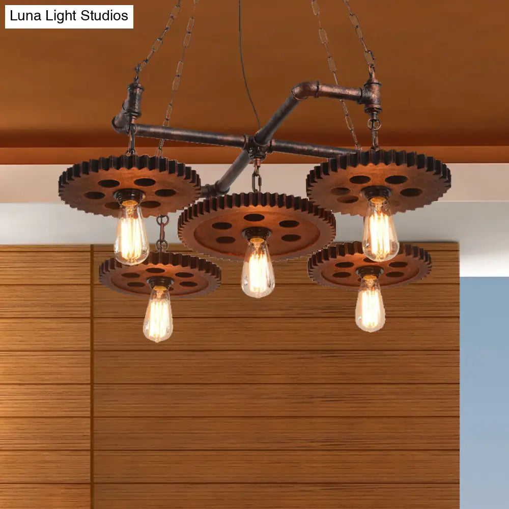 Farmhouse Bronze Metal Chandelier Lamp - 5-Light Open Bulb Hanging Light Kit For Restaurants