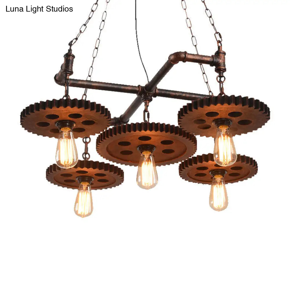 Farmhouse Bronze Metal Chandelier Lamp - 5-Light Open Bulb Hanging Light Kit For Restaurants