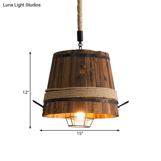 Farmhouse Bucket Shade Pendant Light With Wood Suspension And Rope Rod - 1-Light Fixture