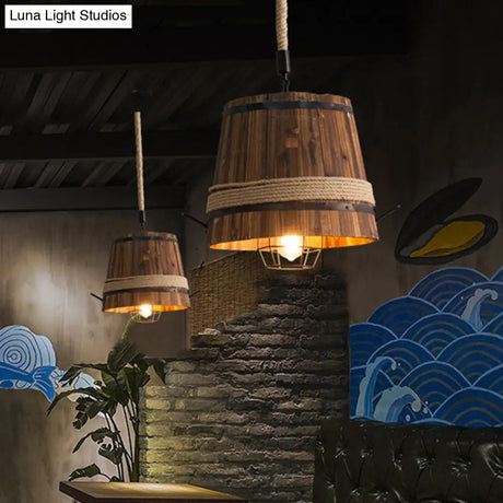 Farmhouse Bucket Shade Wood Pendant Light With Rope Rod - 1-Light Suspension Lamp