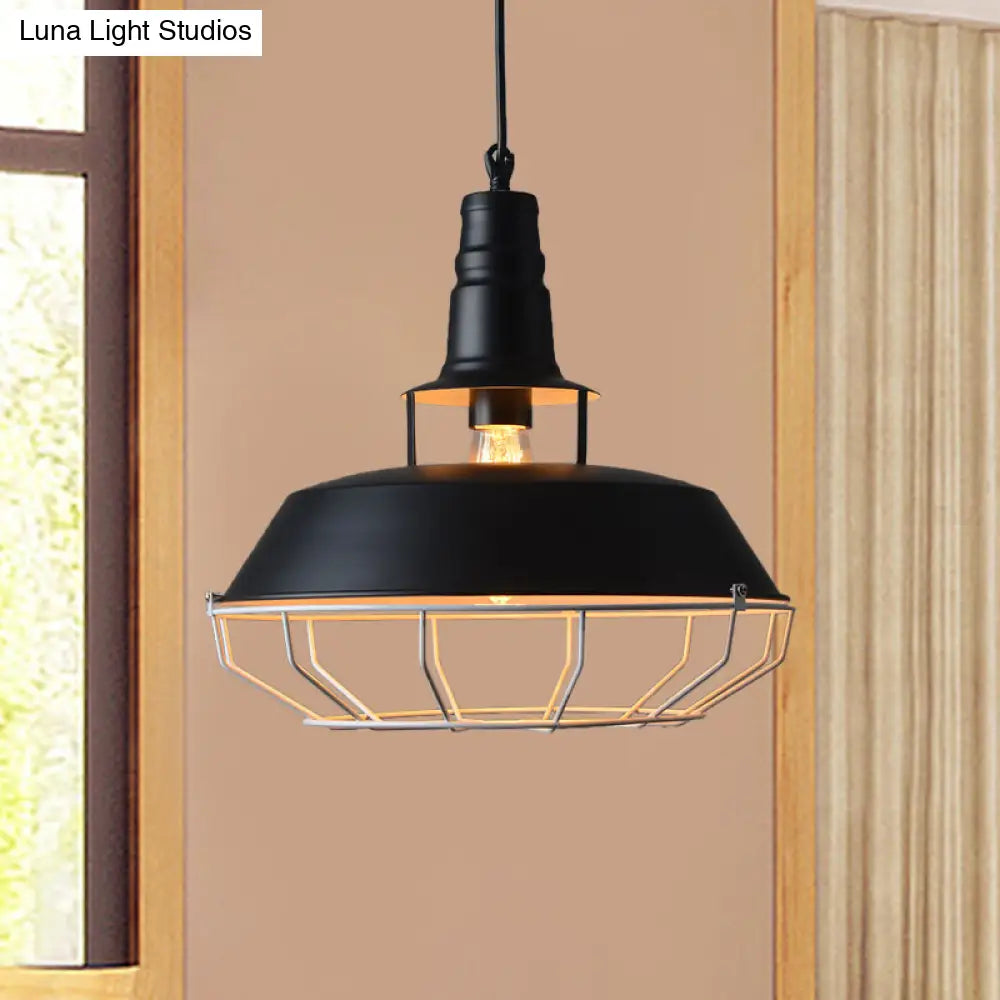 Farmhouse Metallic Pendant Lamp With Cage - Black Barn Hanging Light For Restaurants