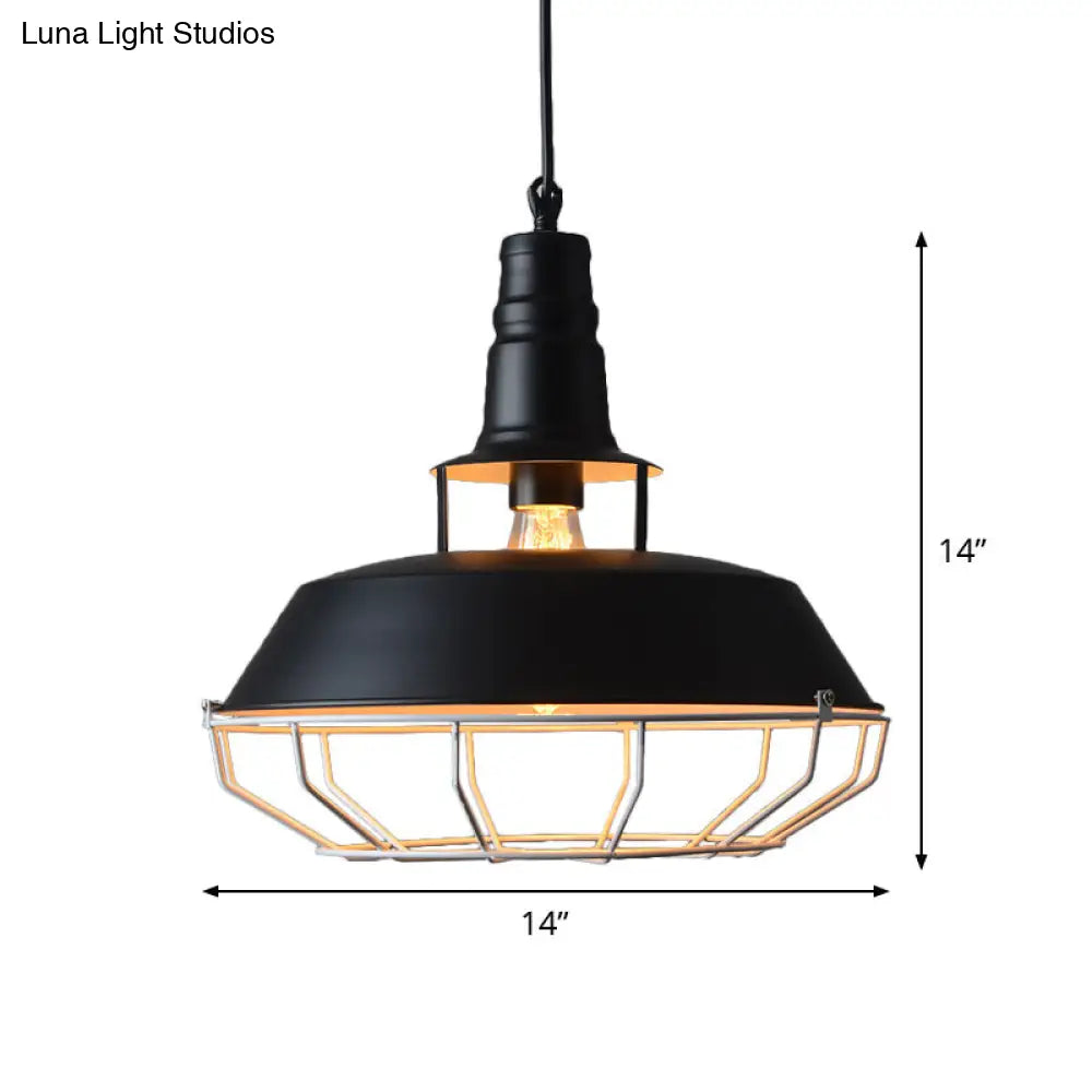 Farmhouse Metallic Pendant Lamp With Cage - Black Barn Hanging Light For Restaurants