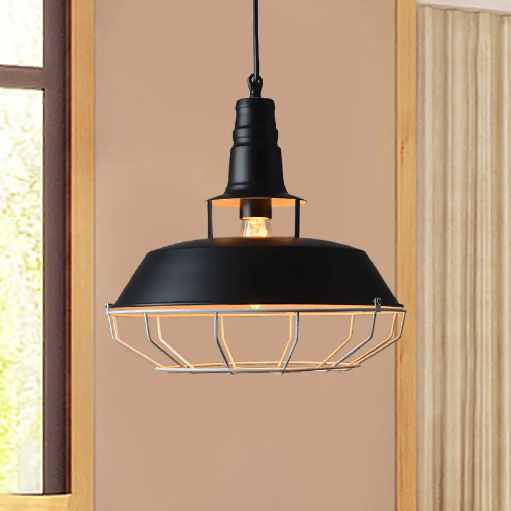 Farmhouse Cage Pendant Lamp: Black Barn Hanging Light With Metallic Finish For Restaurants