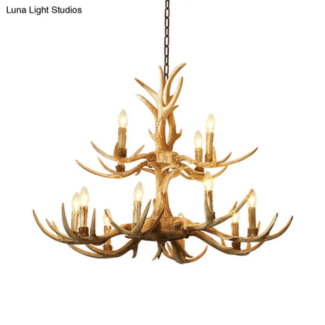 Farmhouse Chandelier: 12-Head 2-Tier Resin Hanging Lamp Brown Living Room Lighting