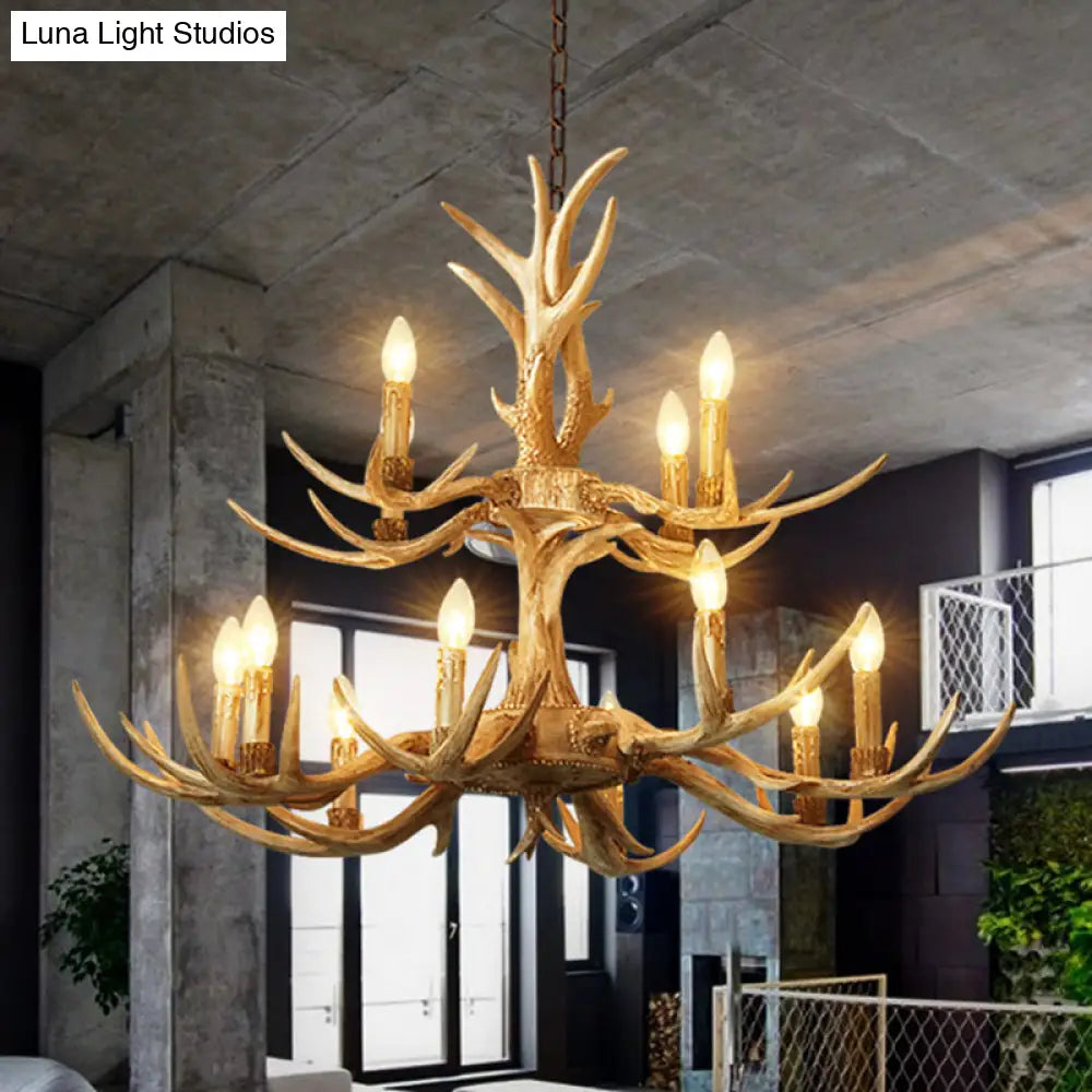 Farmhouse Chandelier: 12-Head 2-Tier Resin Hanging Lamp Brown Living Room Lighting