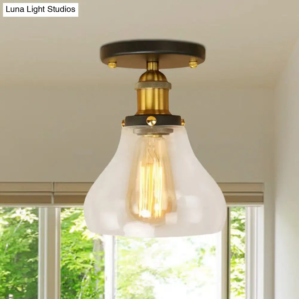 Farmhouse Cone Clear Glass Ceiling Lighting Fixture - Single Bulb Semi Flush Mount In