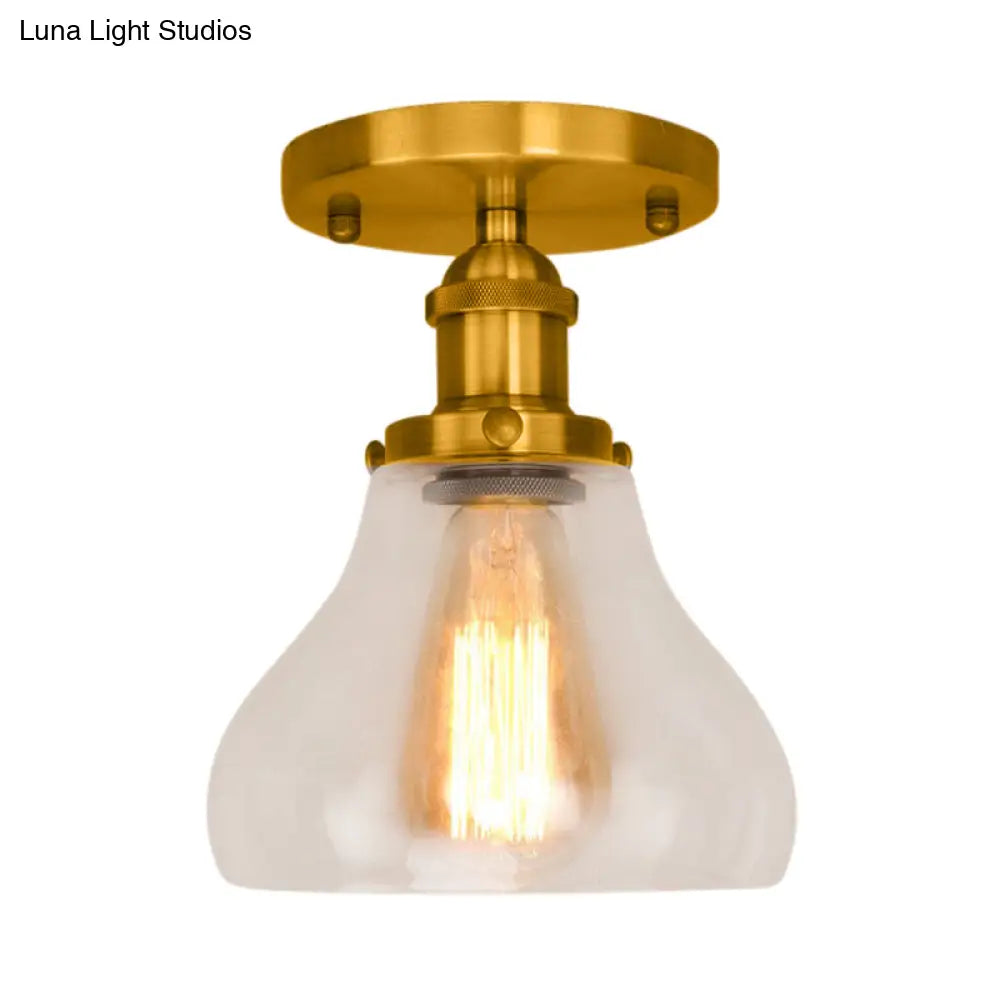 Farmhouse Cone Clear Glass Ceiling Lighting Fixture - Single Bulb Semi Flush Mount In