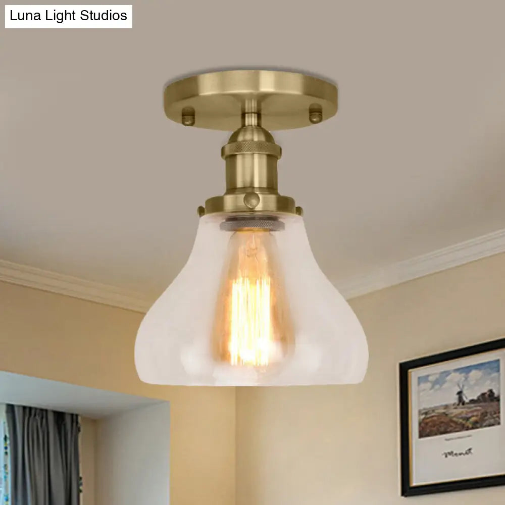 Farmhouse Cone Clear Glass Ceiling Lighting Fixture - Single Bulb Semi Flush Mount In