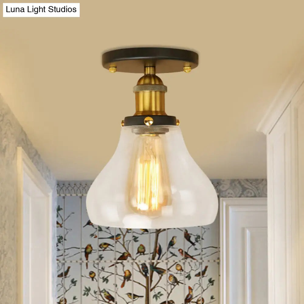 Farmhouse Cone Clear Glass Ceiling Lighting Fixture - Single Bulb Semi Flush Mount In
