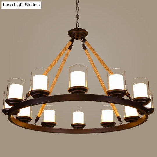 Farmhouse Clear Glass Cylindrical Suspension Lamp With Rope Arm 12 / Cream