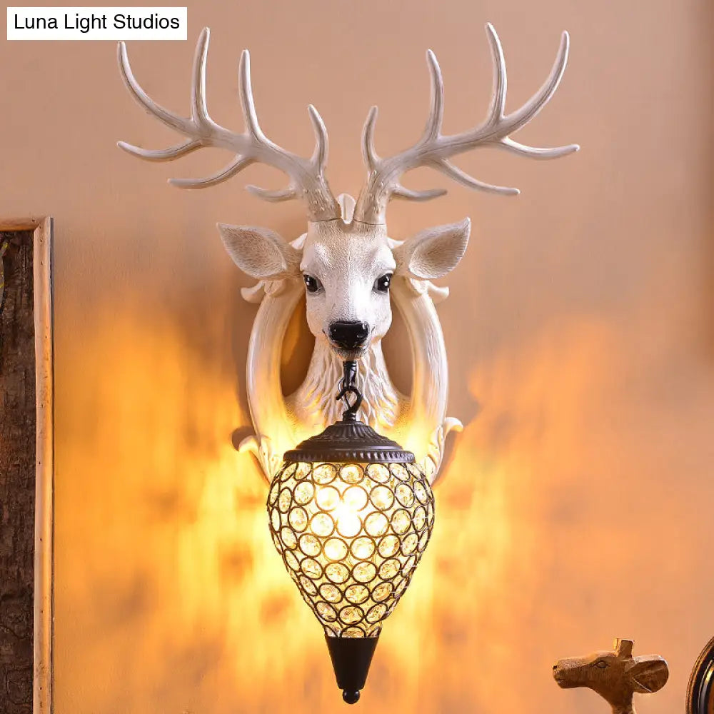 Farmhouse Deer Head Wall Sconce Light With Beveled Crystal Shade