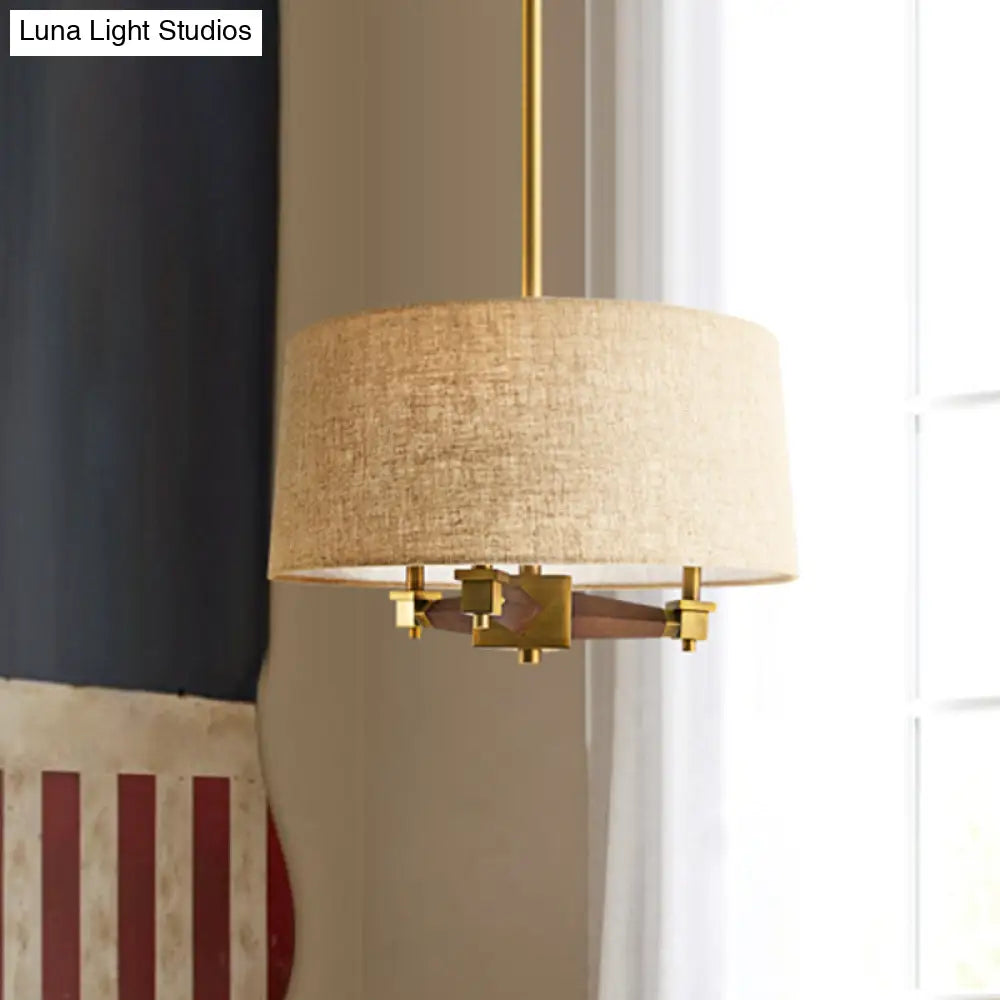 Farmhouse Fabric Drum Chandelier 3 Bulb Ceiling Suspension Light Wood