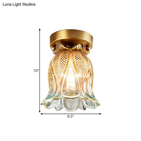 Farmhouse Flower Lattice Brass Flush Mount Ceiling Lamp With Clear Glass