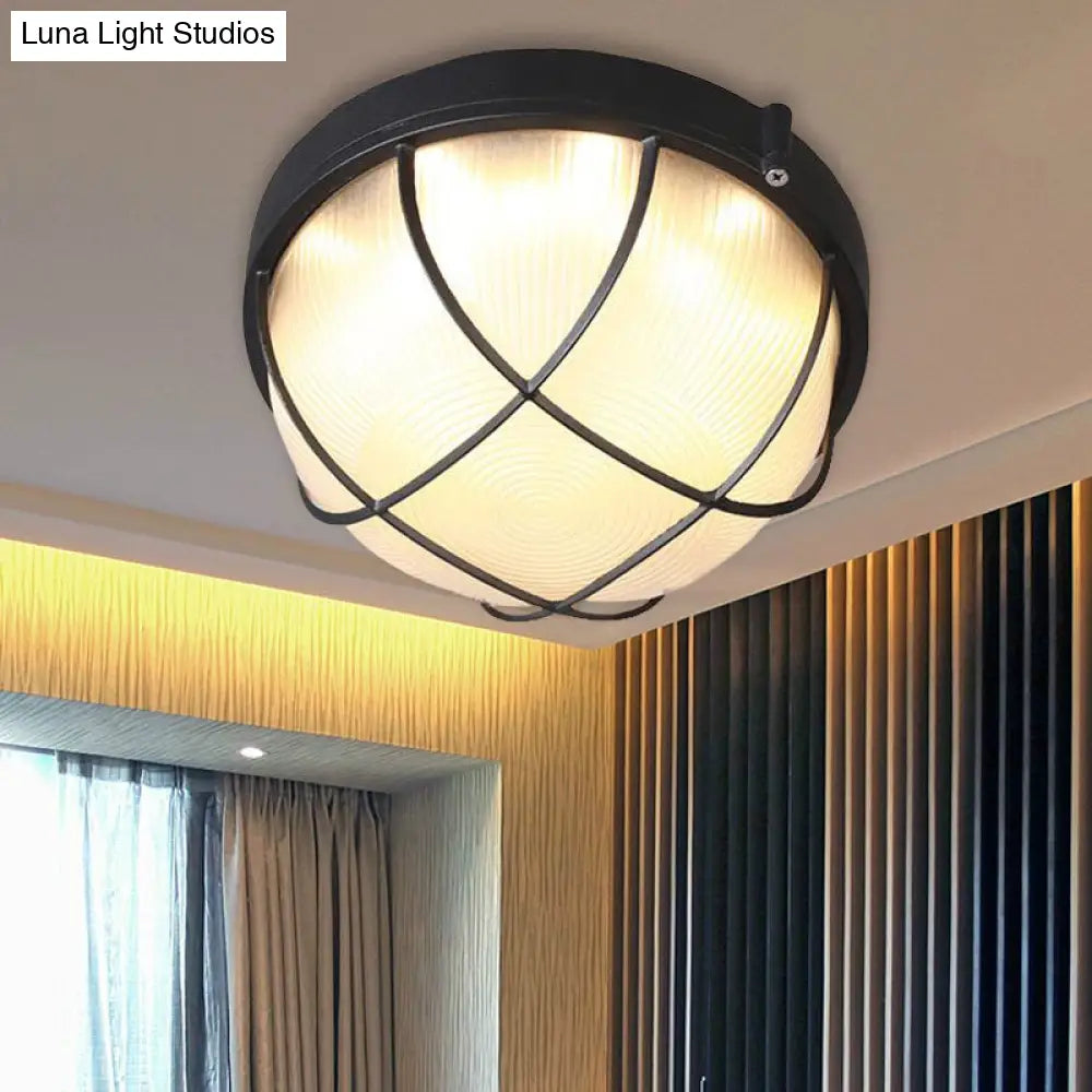 Farmhouse Flush Ceiling Lamp: 1-Light Dome Fixture Frosted Glass White/Black – Bedroom Lighting