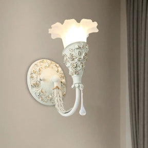Farmhouse Frosted Glass Bedroom Sconce Light With Crystal Drop Decor Ivory
