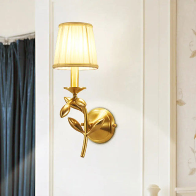 Farmhouse Gold Wheat Branch Wall Light With Gathered Fabric Shade - Single Bedroom Mount Fixture