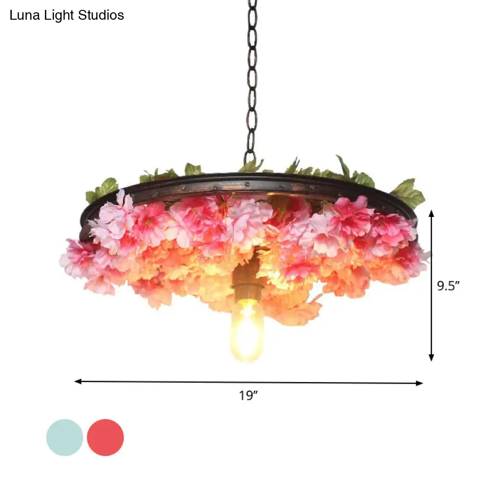 Farmhouse Pendant Light With Pink/Blue Flower Design Wagon Wheel Style - 8.5/15/19 Wide