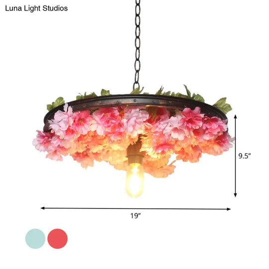 Farmhouse Pendant Light With Pink/Blue Flower Design Wagon Wheel Style - 8.5/15/19 Wide