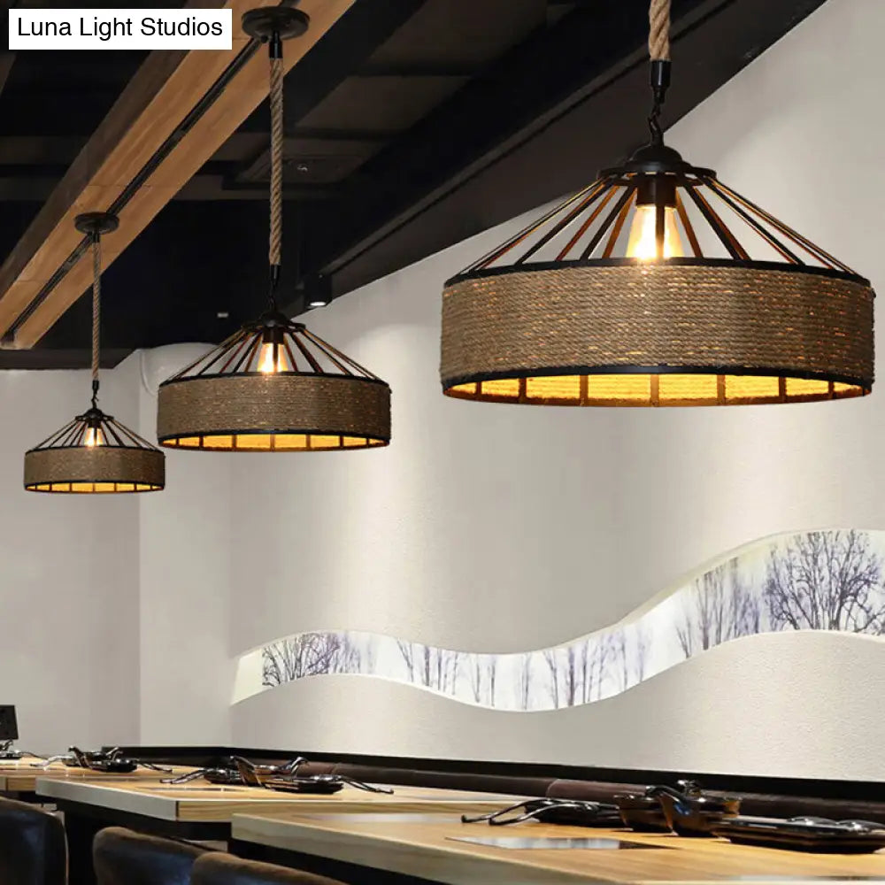 Hemp Rope Conical Cage Pendant Light For Farmhouse Restaurants - Brown Drop Design 1-Bulb Hanging