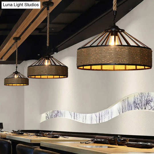 Farmhouse Hemp Rope Pendant Light - Conical Cage Design Brown Finish 1 Bulb