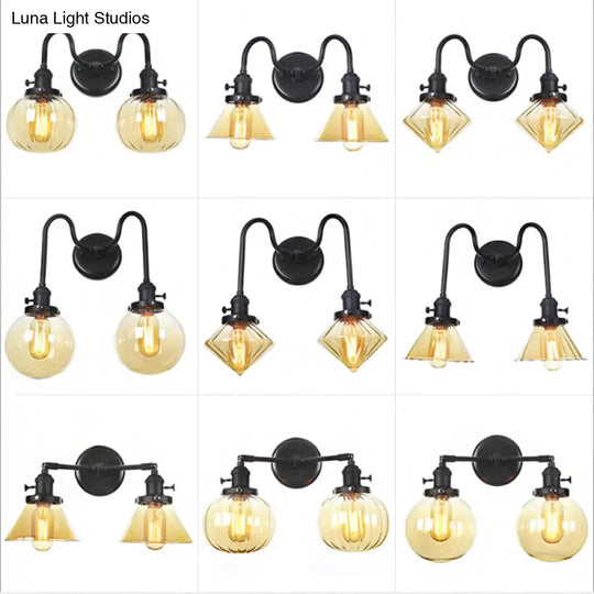 Farmhouse Iron 2-Head Wall Lighting In Black With Curved/Straight Arm Clear Glass Cone/Ball Shades -