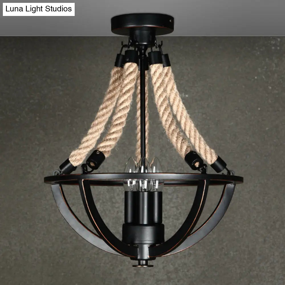 Farmhouse Iron Black Semi Flush Dome Cage Chandelier With 3-Bulb Ceiling Mount And Rope Cord