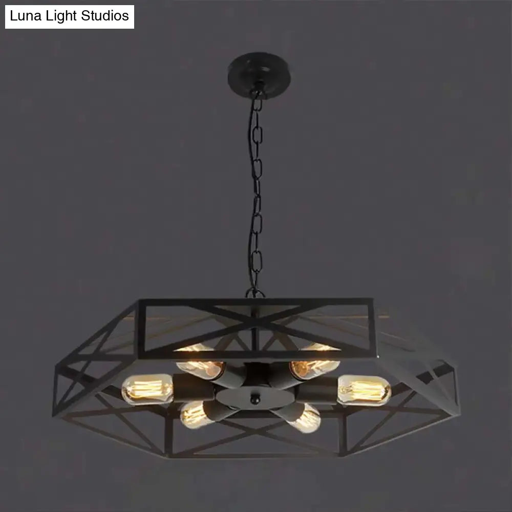 Farmhouse Iron Chandelier with Wire Cage Shade 6 Light Pendant Ceiling Light in Black Black
