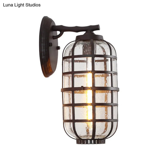 Farmhouse Lantern Courtyard Wall Mount Lamp With Clear Bubble Glass - Black/Coffee Metal Cage 1 Bulb
